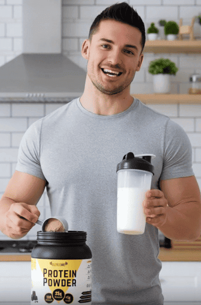 A man holding a protein shaker and a scoop of EliteCore Whey Protein. He is about to prepare a high-protein shake by mixing milk with a scoop of chocolate protein powder.