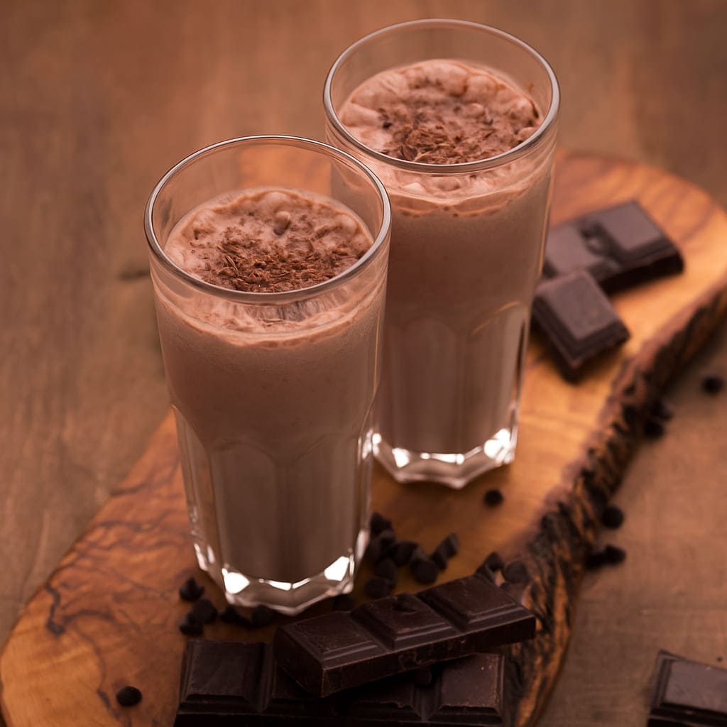 Two glasses of delicious chocolate protein drinks.