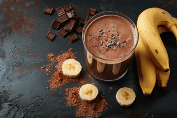 A High Protein Chocolate Banana Smoothie using EliteCore Chocolate Whey Protein Powder.