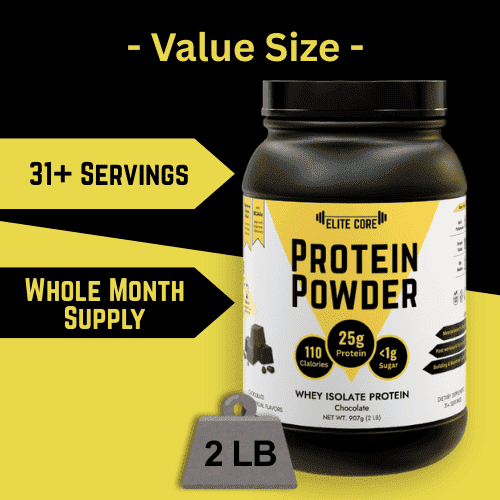 A container of EliteCore Protein Powder weighs 2 pounds, has 31+ servings, and contains a whole month supply.