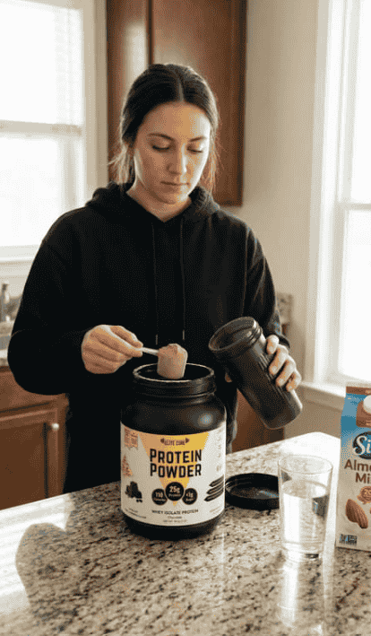 A woman making a healthy sugar free chocolate protein shake using EliteCore Whey Protein Isolate with no added sugar.