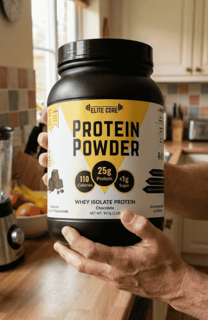 A person holding EliteCore Whey Isolate Protein Powder with BCAAs.