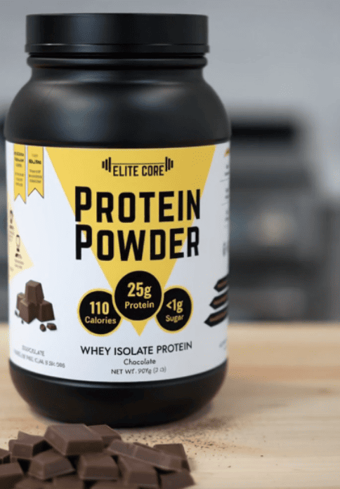 EliteCore's high protein-to-calorie ratio Chocolate Protein powder with a blend of Whey Isolate and Whey Concentrate.