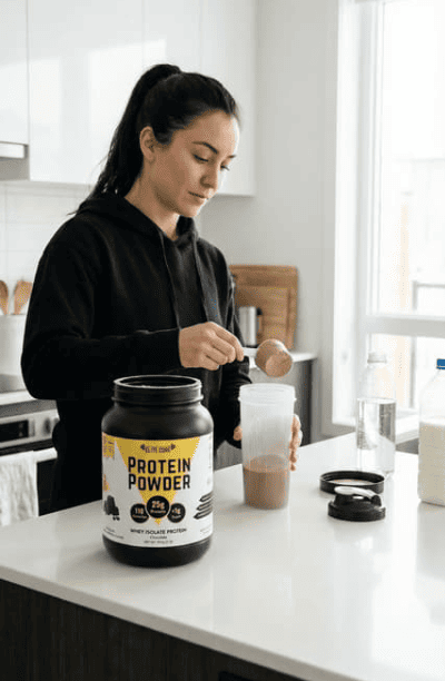A woman preparing a healthy chocolate protein shake using EliteCore Whey Protein with BCAA for energy and recovery.