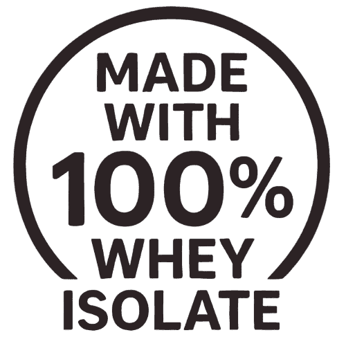 An icon stating: Made with 100% Whey Isolate.